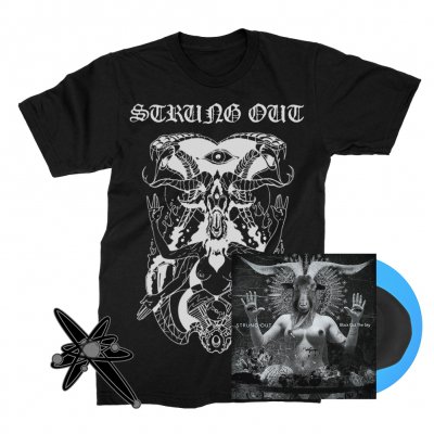 strung-out - Black Out The Sky LP (Blue/Black) + Baphomet Tee (Black) + Glitter Astrolux Enamel Pin Bundle