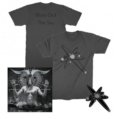strung-out - Black Out The Sky CD + Reflective Astrolux Tee (Vintage Black) + Glitter Astrolux Enamel Pin Bundle