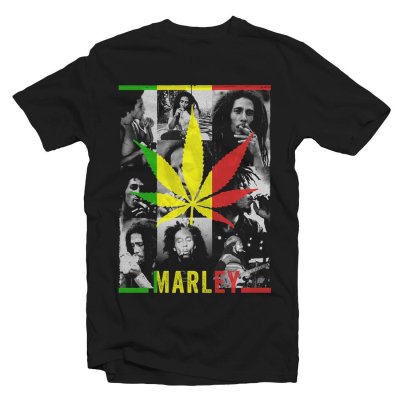 Bob Marley - Smoking Leaf Collage T-Shirt (Black)