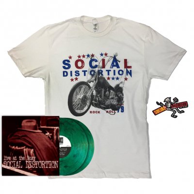 social-distortion - Live at the Roxy LP (Green Smoke) + Rock N Roll T-Shirt (White) + Die Cut Skelly w/Logo Sticker Bundle