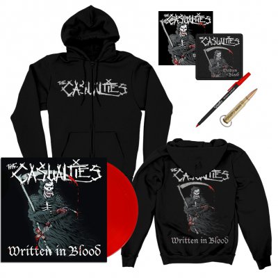 the-casualties - Written in Blood LP (Red) + Hoodie + Patch + Pen + Sticker + Bullet Bottle Opener Bundle